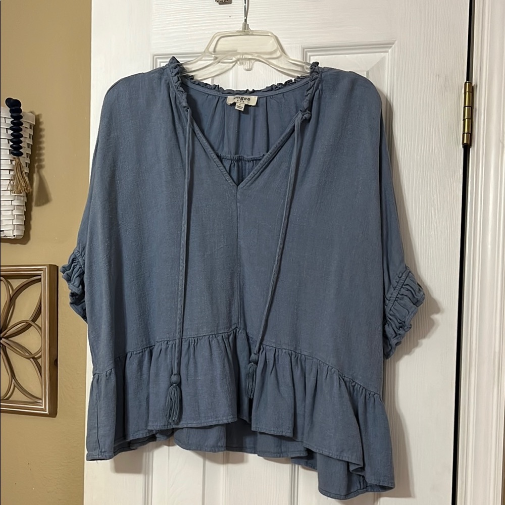 Umgee Denim Blue Ruffled Blouse